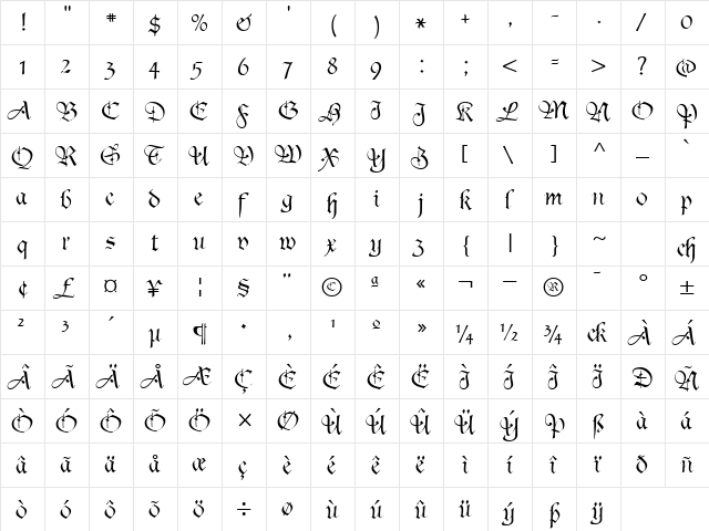 Agincort Regular  glyph index