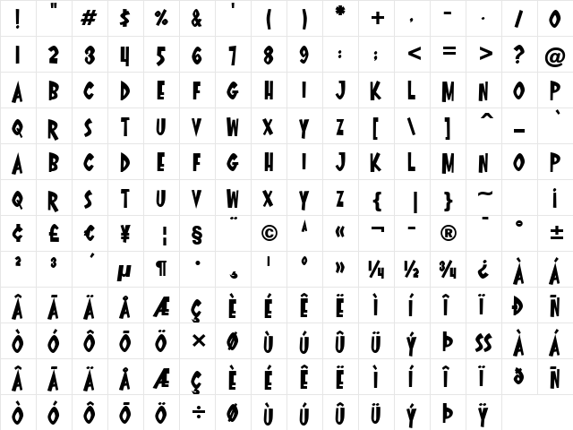 Oyster Bar BTN Bold  glyph index