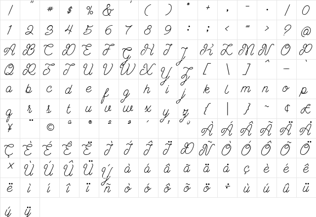 Ariana Regular  glyph index