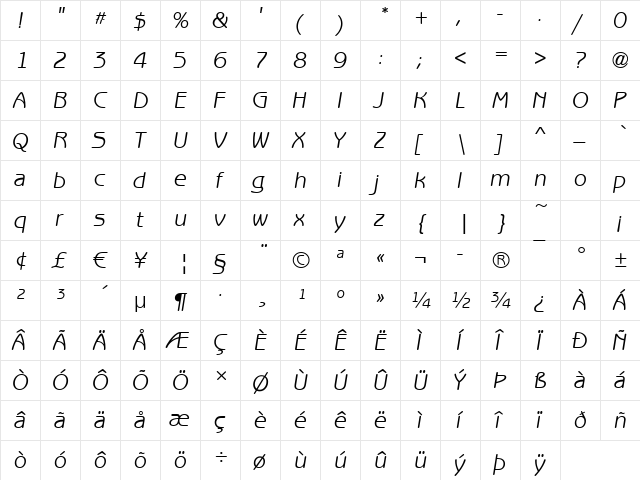 Benjamin-Gothic Italic  glyph index
