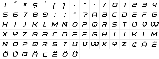 Sephora Italic  glyph index