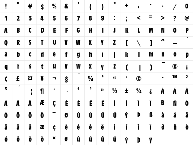 Antique Olive T Bold Condensed  glyph index