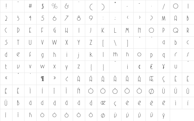 Classic Regular  glyph index