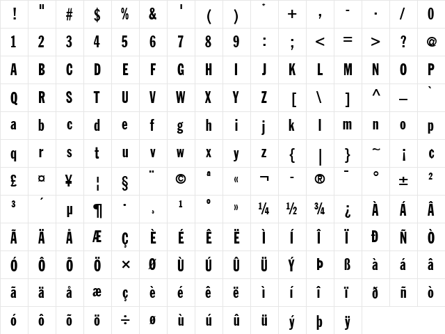 FranklinGothic LT ExtraCond Regular  glyph index