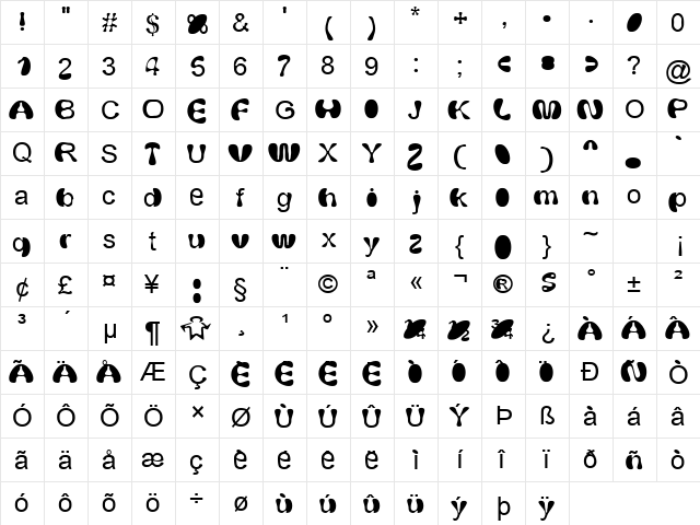 Arialous Regular  glyph index