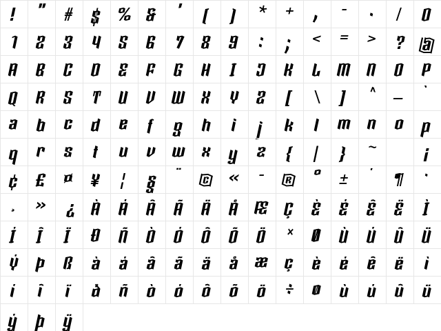 Boxise Regular  glyph index