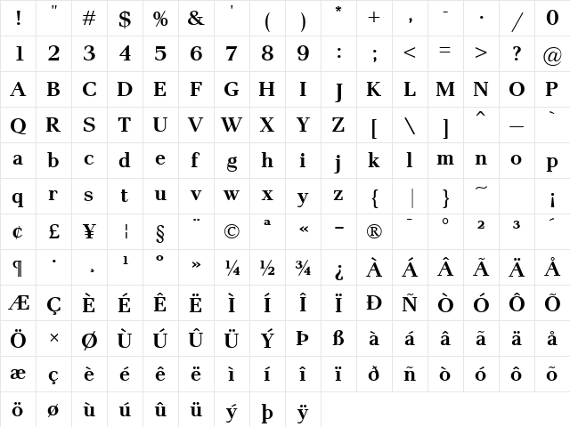 Pax Bold  glyph index