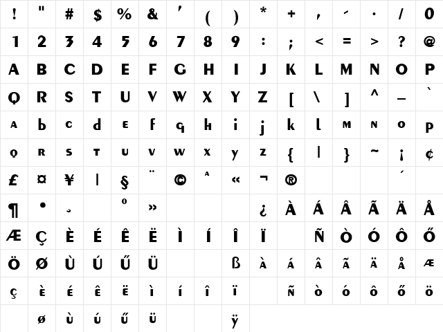 Peignot Bold  glyph index