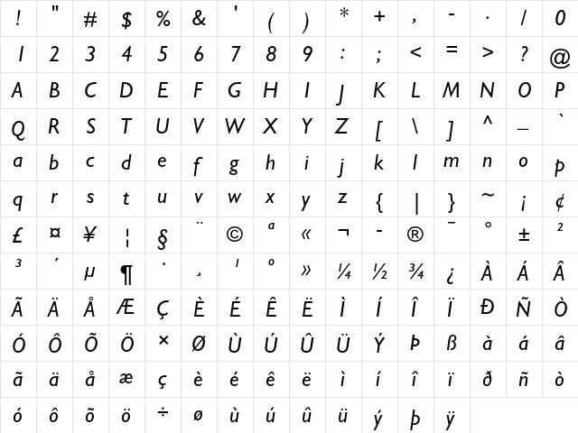 Gill Sans Italic  glyph index