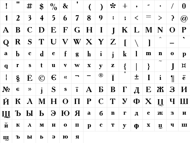 Academy Bold  glyph index