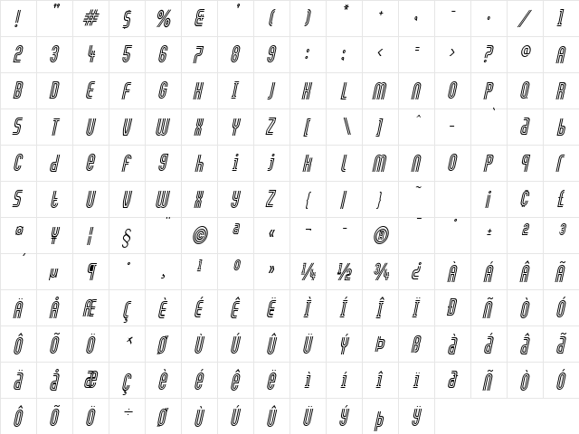Arch-Condensed Italic  glyph index
