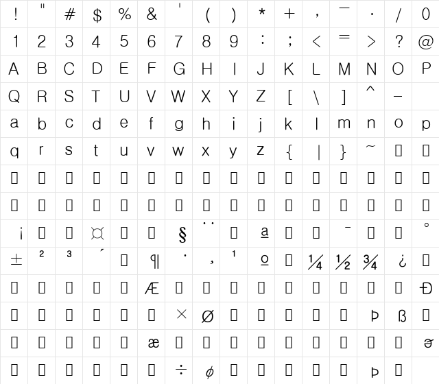 HYRGothic-Medium Regular  glyph index
