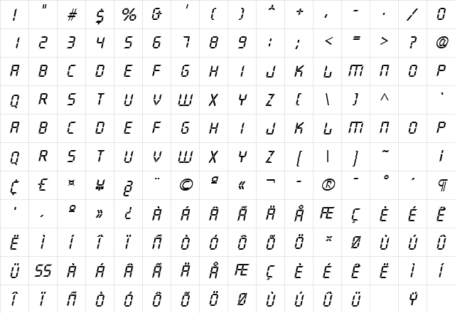 Quartz Italic  glyph index
