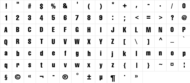 HeliosCompressed Regular  glyph index