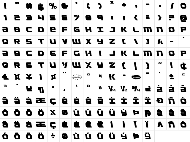 Ozda Leftalic Italic  glyph index