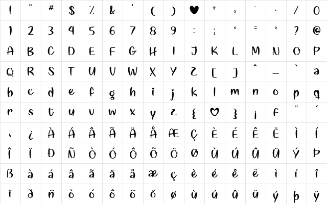 Liebe finden Regular  glyph index