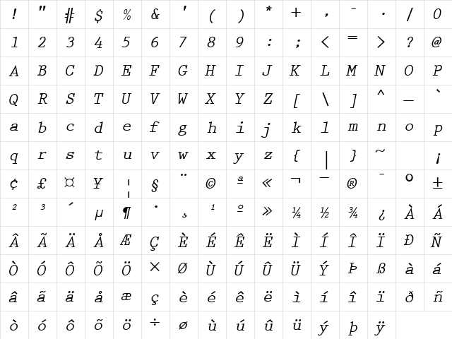 KeyboardEliteSSK BoldItalic  glyph index