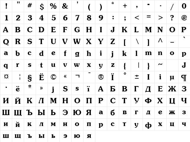 AGPresquire Bold  glyph index