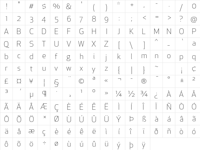 Apex New Light  glyph index