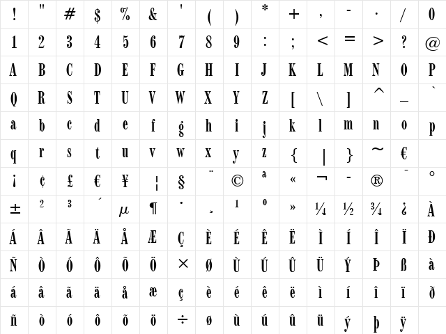 Modern735 BT Roman  glyph index
