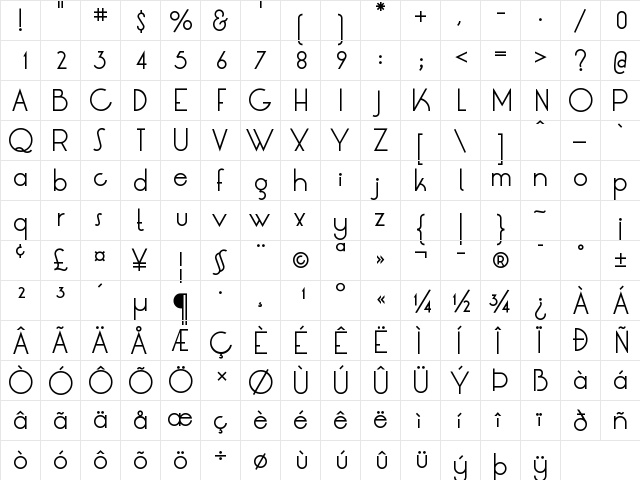 LRT Oksana Regular  glyph index