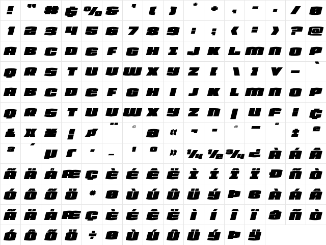 Team Galaxy Expanded Italic Regular  glyph index