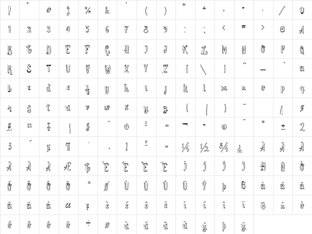 Cute Script Regular  glyph index