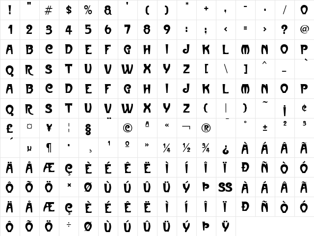 Metropolitaines Regular  glyph index