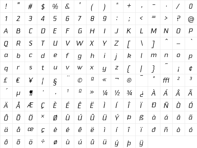 Downtempo LightItalic  glyph index