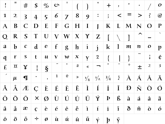 Humana Serif ITC Medium  glyph index