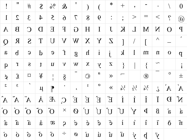 Times New Rewind Regular  glyph index