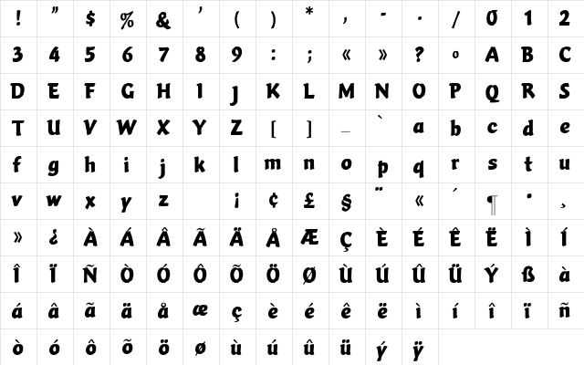 Vario-Bold Regular  glyph index