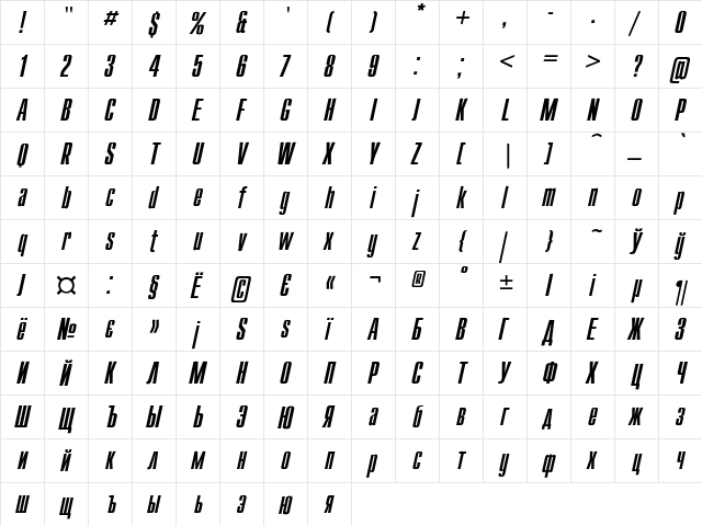 Compact Italic  glyph index