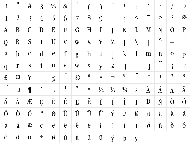 GaramondEF BookCondens  glyph index