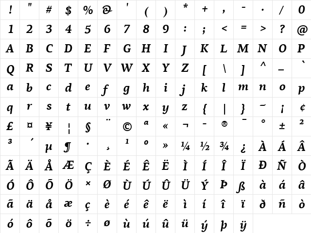 PF Agora Serif Pro Bold Italic  glyph index