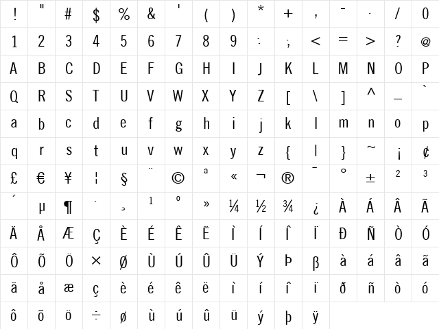 SlimSansSerif Regular  glyph index
