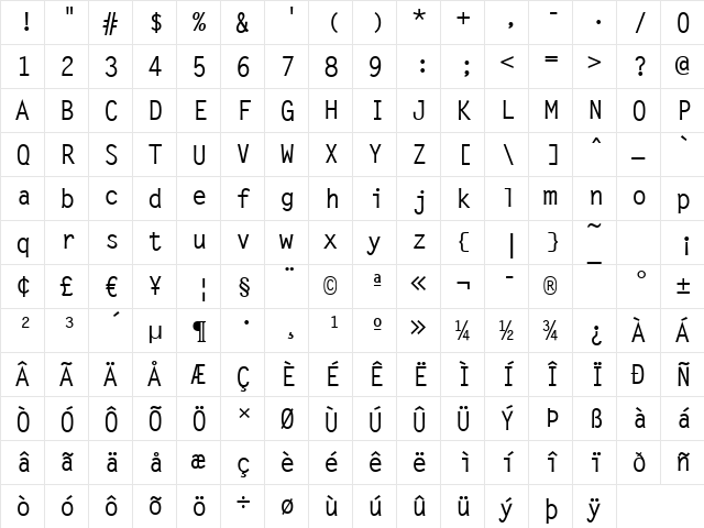 LetterGothic-Medium Regular  glyph index