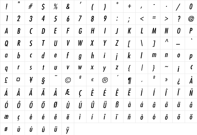 Futura-Condensed-Italic Regular  glyph index