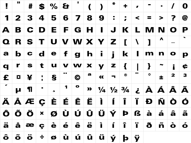 LinotypeUnivers ExtdBlack  glyph index