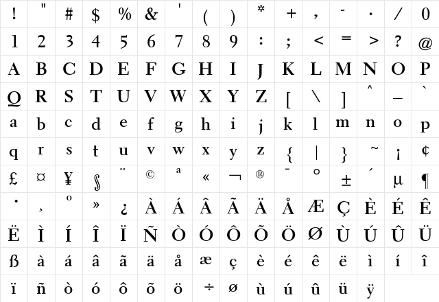 Elante CG Bold  glyph index