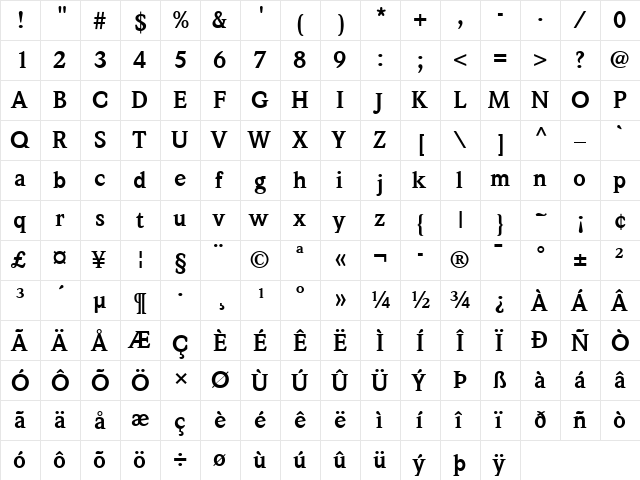 Weidemann LT Book Bold  glyph index