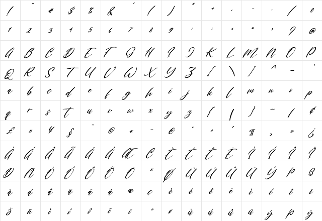 Marthalica Italic Regular  glyph index