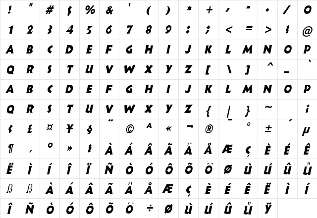 Indy Condensed Italic  glyph index