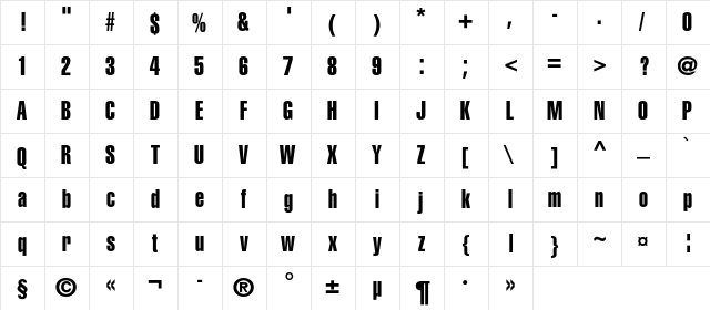 AGLettericaExtraCompressedC Regular  glyph index