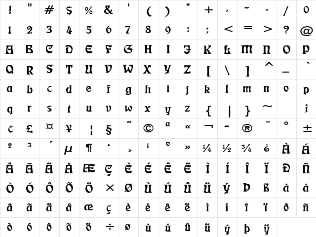 Freedom Wide Normal  glyph index