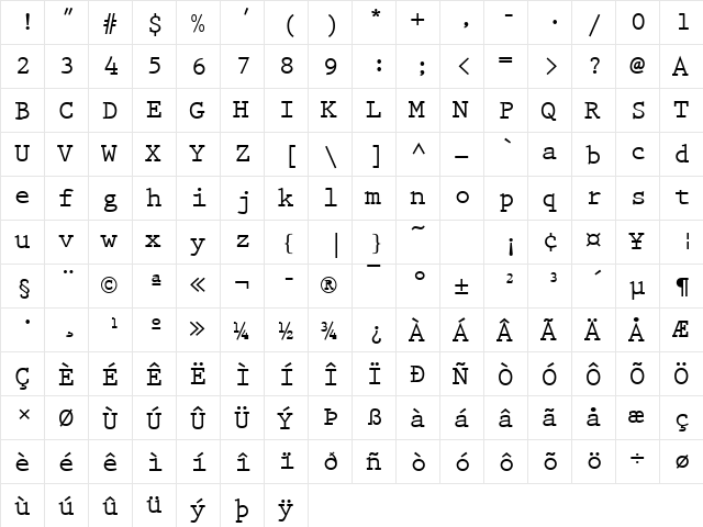 Prestige Becker Bold  glyph index