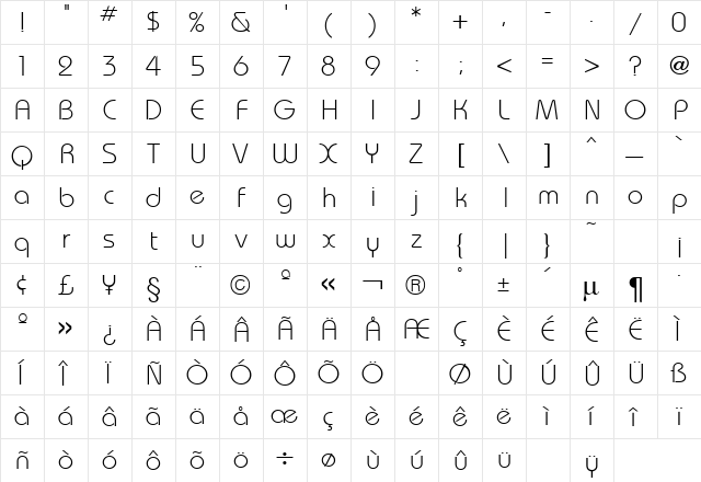 Bauhaus Light Regular  glyph index