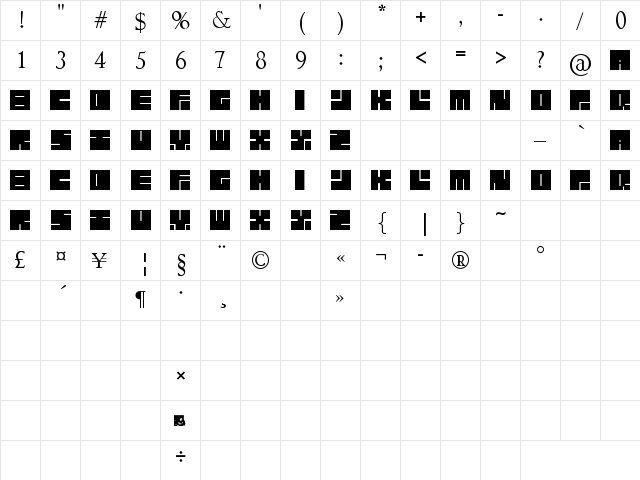 lettres carr?s Regular  glyph index