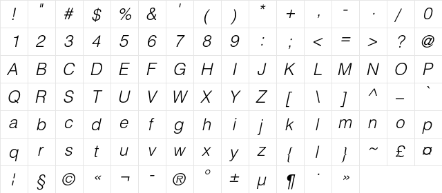 HeliosLightC Italic  glyph index