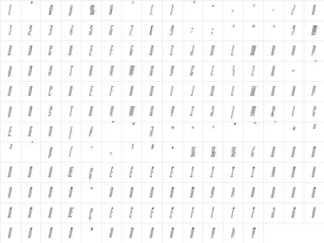 Blue Cobra Outline Italic Regular  glyph index